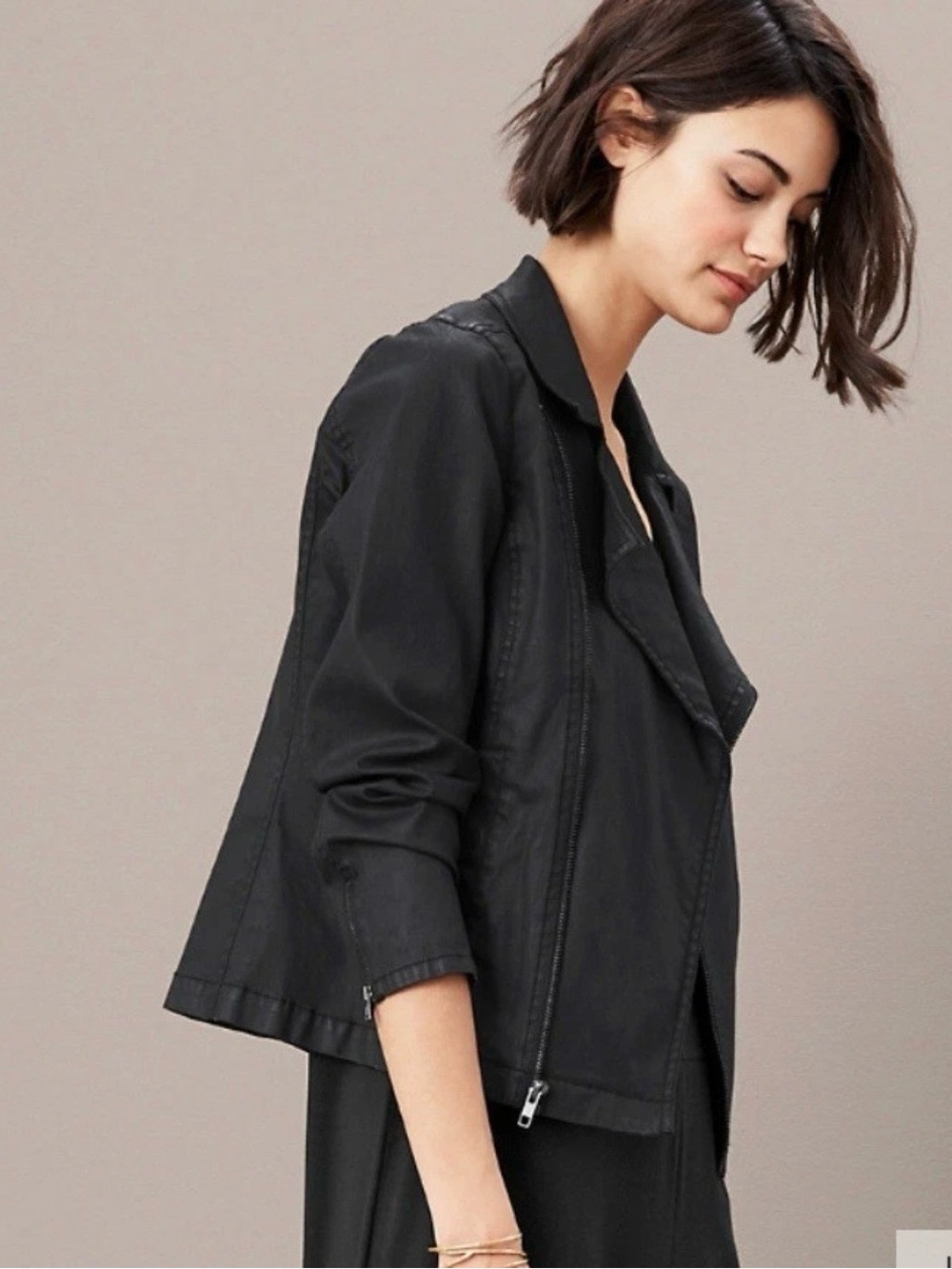 Eileen Fisher Black Organic Cotton Coated Moto Jacket Womens